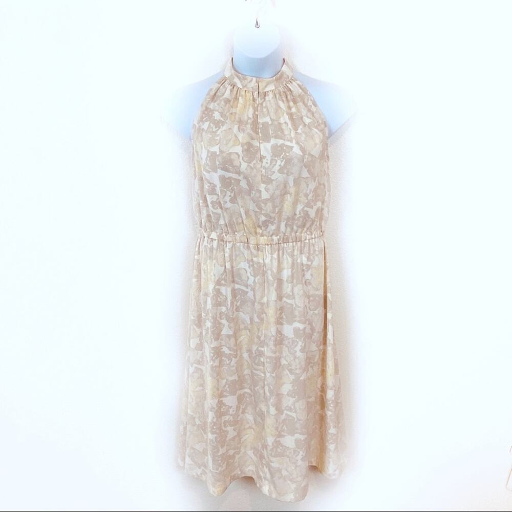Romantic Dress Halter 90s Prologue Vintage Cream Yellow Taupe Abstract Floral